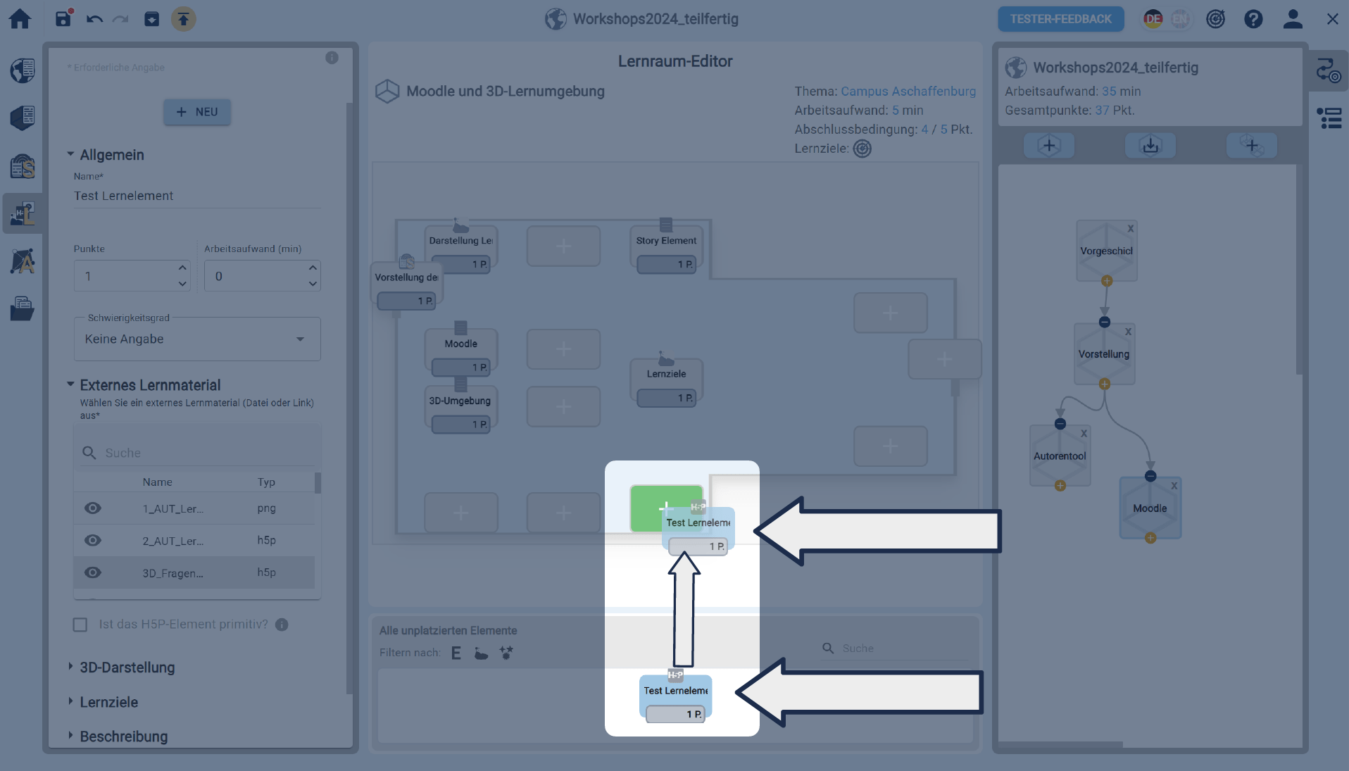 Lernelemente per Drag and Drop in den Lernraum ziehen Lernelemente per Drag and Drop in den Lernraum ziehen