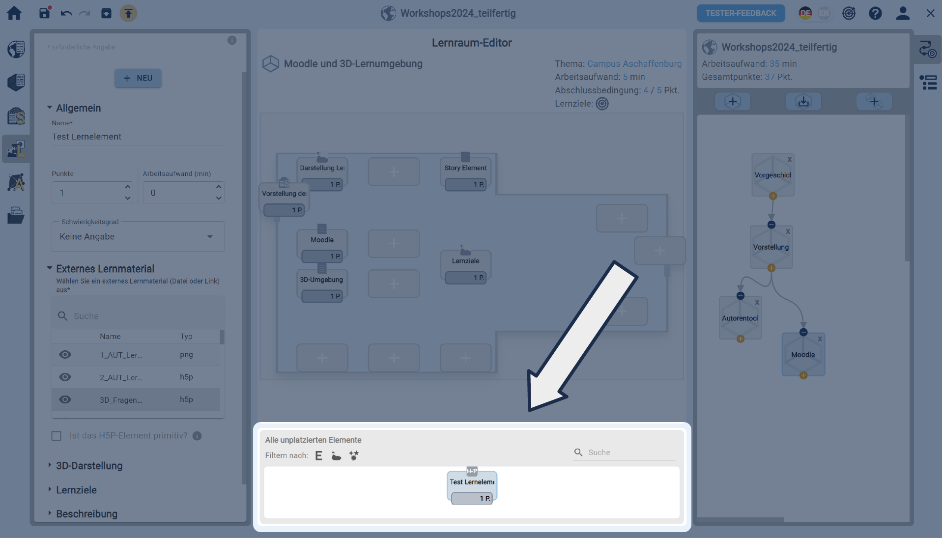 Lernelemente per Drag and Drop in den Lernraum ziehen Lernelemente per Drag and Drop in den Lernraum ziehen