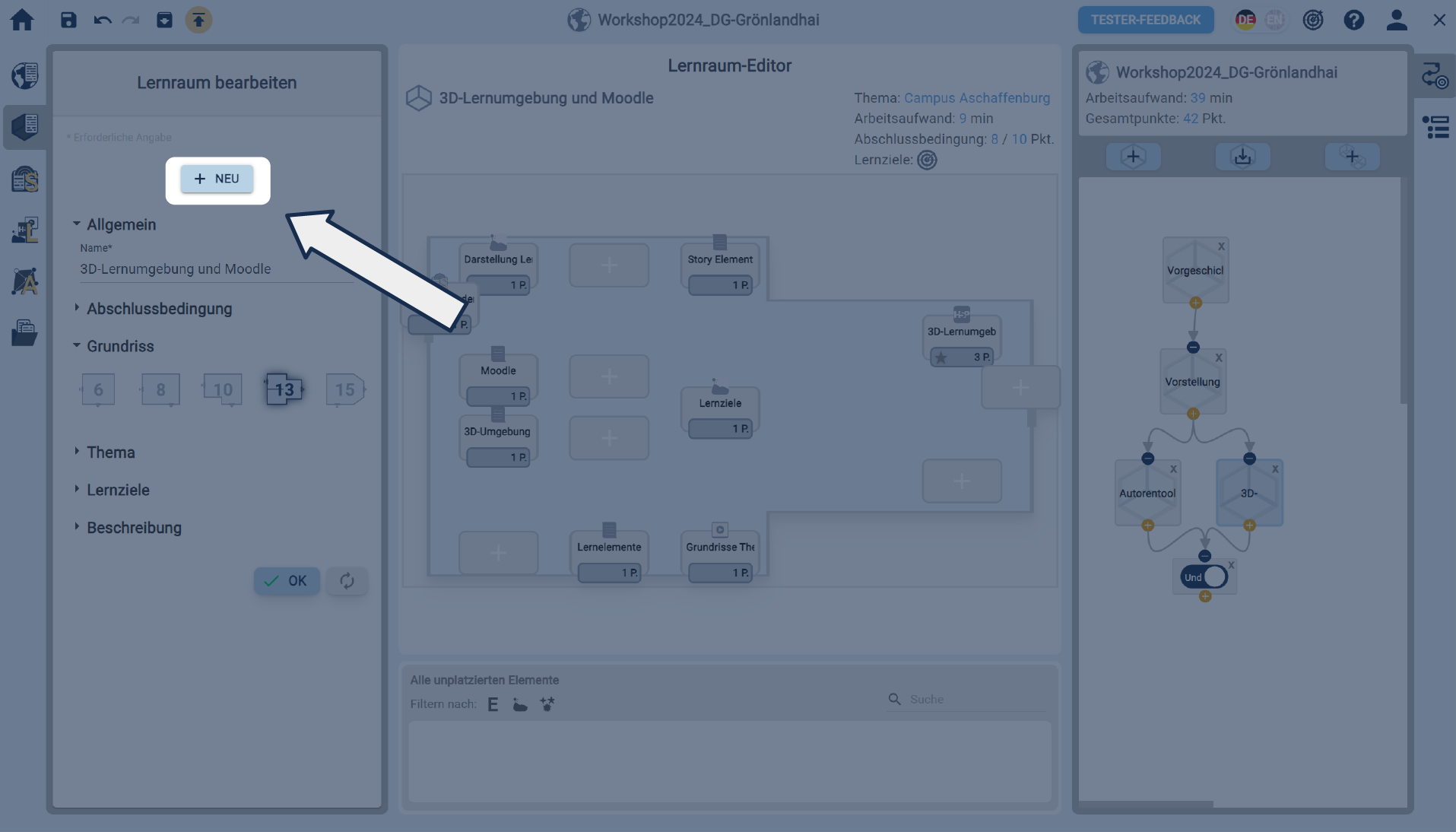 Hervorgehobener Neu-Button im Lernraum bearbeiten Bereich Hervorgehobener Neu-Button im Lernraum bearbeiten Bereich