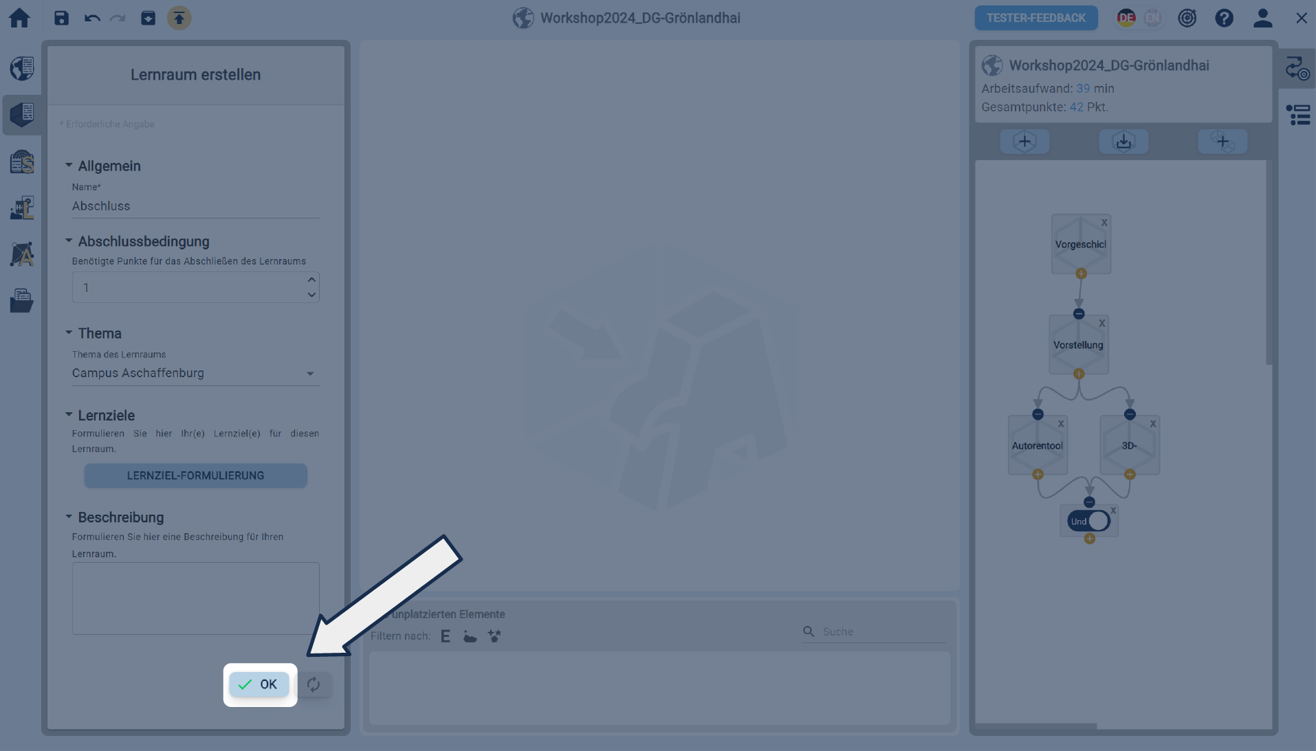 Hervorgehobener OK-Button, im Lernraum erstellen Bereich Hervorgehobener OK-Button, im Lernraum erstellen Bereich