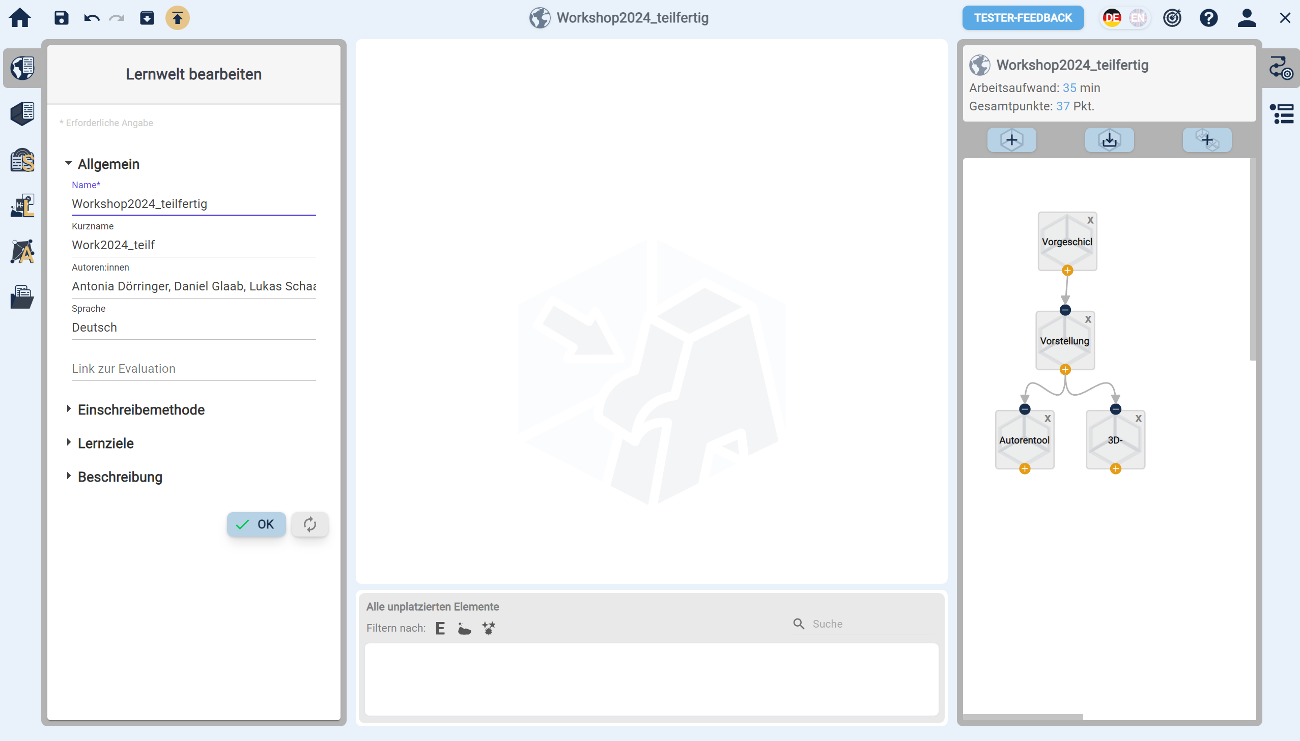 Default view of the authoring tool after opening the learning world Default view of the authoring tool after opening the learning world
